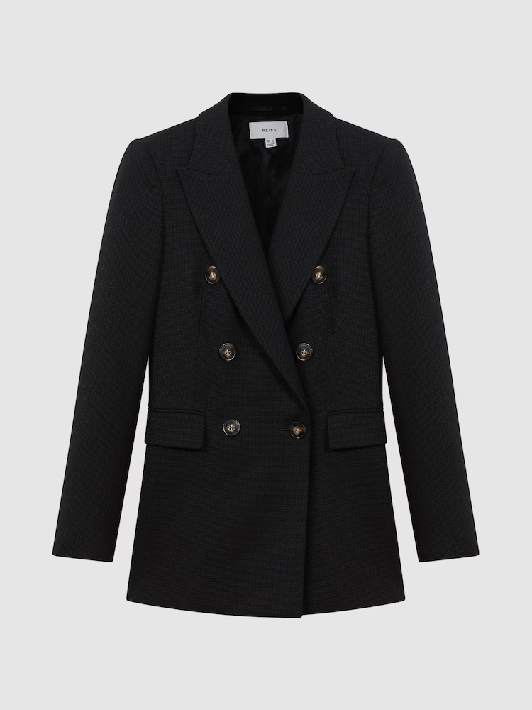 Reiss Tailored Textured Wool Blend Double Breasted Blazer In Black